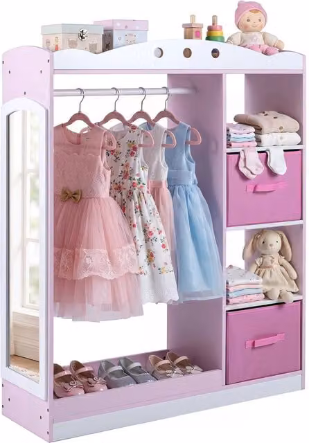 Guardaroba per bambini DESIGN IN con asta appendiabiti, scaffali interni e specchio, Rosa e Bianco