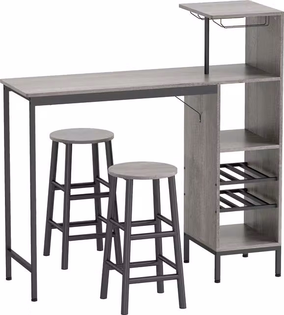 Set tavolo da pranzo alto HOMCOM con 2 sedie da bar, ripiani e portabottiglie, stile industriale, legno naturale e grigio