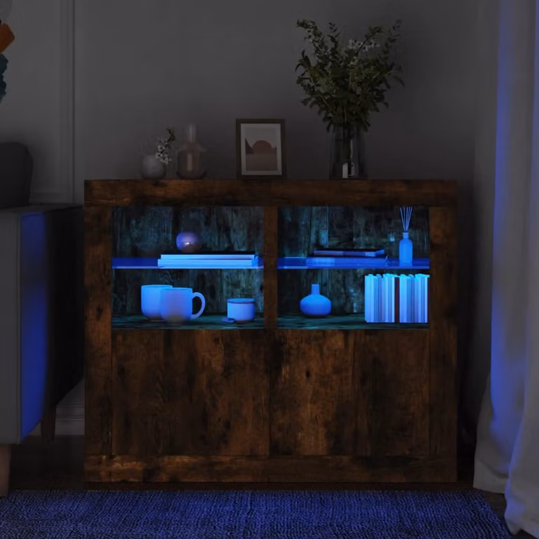 Set di 2 armadietti moderni vidaXL con luci LED integrate in legno e vetro, colore Rovere Fumo
