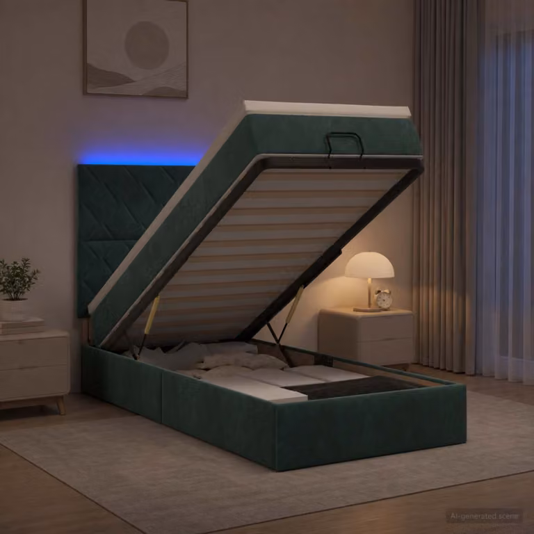 Letto Ottomano vidaXL con Materasso Ibrido e Illuminazione LED in Velluto Verde Scuro L: 200 cm, P: 90 cm, H: 88 cm