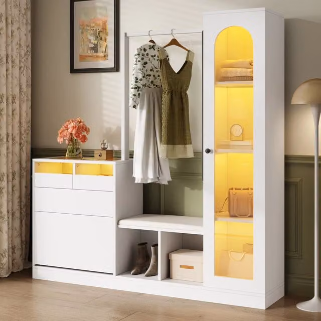 Armadio da ingresso multifunzionale REDOM bianco con ante in vetro, specchio e illuminazione LED, L: 163 cm, P: 50 cm, H: 161 cm