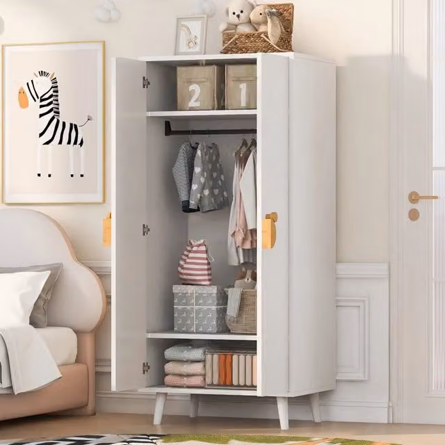 Armadio guardaroba moderno a doppia anta in MDF per camera da letto o cameretta, bianco e legno, L: 70 cm, P: 55 cm, H: 170 cm