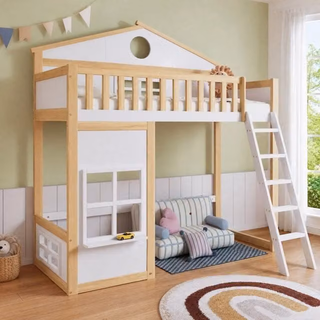 Letto a castello Mivray per bambini in legno e MDF, design scandinavo con struttura a casetta, scala e spazio inferiore configurabile, Bianco e Beige, L/P/H: 204 x 90 x 150,5 cm