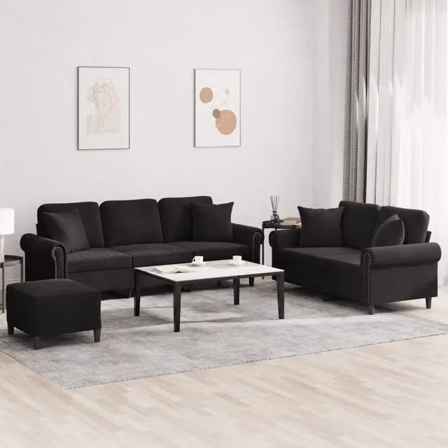 Set di divani moderno vidaXL in velluto nero composto da divano a 3 posti, divano a 2 posti e pouf con cuscini inclusi