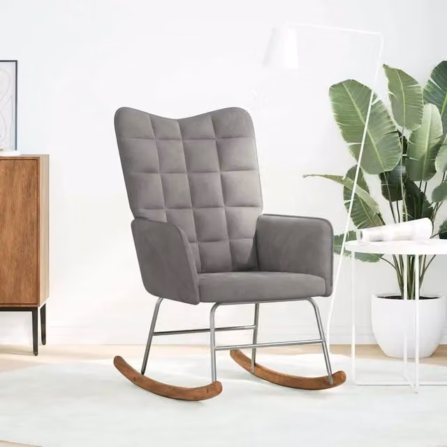 Sedia a Dondolo Moderna in Velluto Grigio con Braccioli e Struttura in Legno e Metallo CF4708956