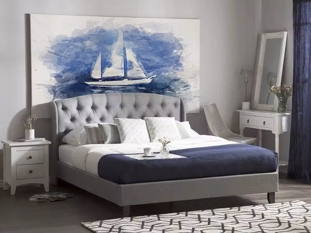 Letto Beliani con doghe e poggiatesta trapuntato imbottito in tessuto grigio, Design moderno, L 160 cm x P 200 cm x H 106 cm