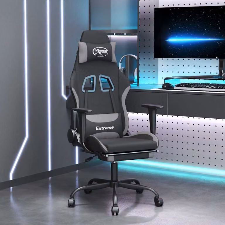 Sedia da Gaming vidaXL con Poggiatesta, Ruote e Braccioli, Rivestimento in Tessuto, Nero e Grigio