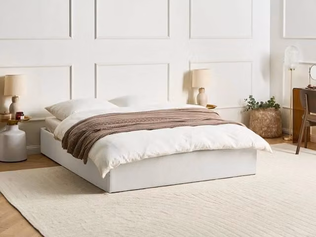 Letto matrimoniale con contenitore BELIANI in tessuto beige e bianco stile moderno L/P: 160 x 200 cm, H: 167 cm