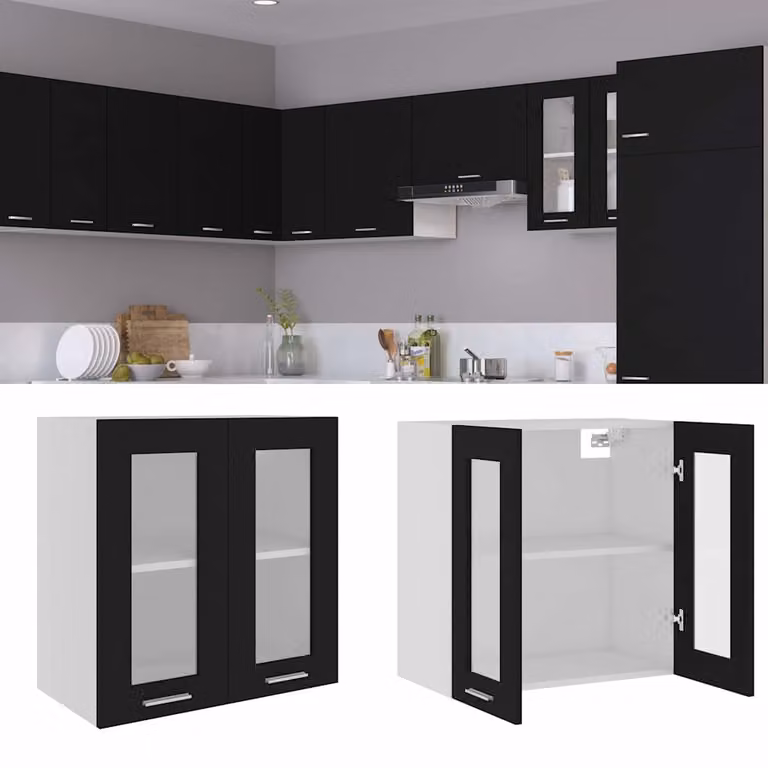 Pensile da cucina moderno vidaXL Lyon con ante in vetro nero L 60 cm x P 31 cm x H 60 cm