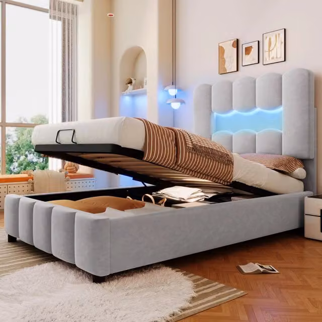 Letto imbottito moderno in velluto grigio con contenitore idraulico e illuminazione LED L/P: 90 x 200 cm