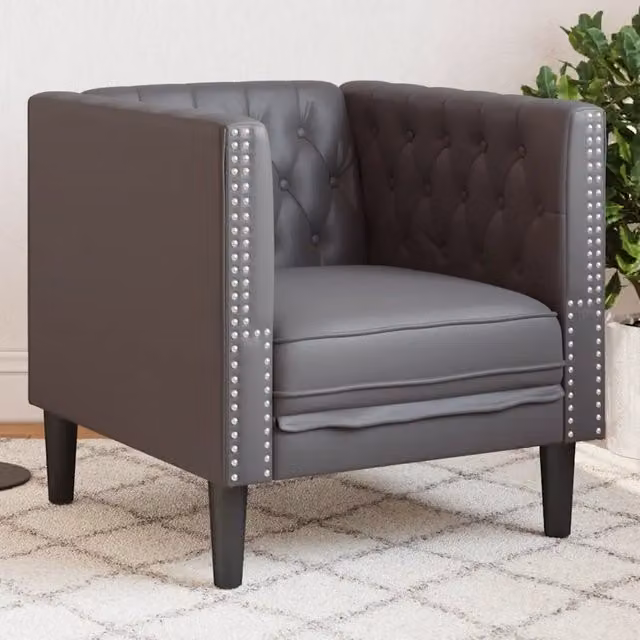 Poltrona Chesterfield Grigia in Similpelle con Braccioli e Struttura in Legno