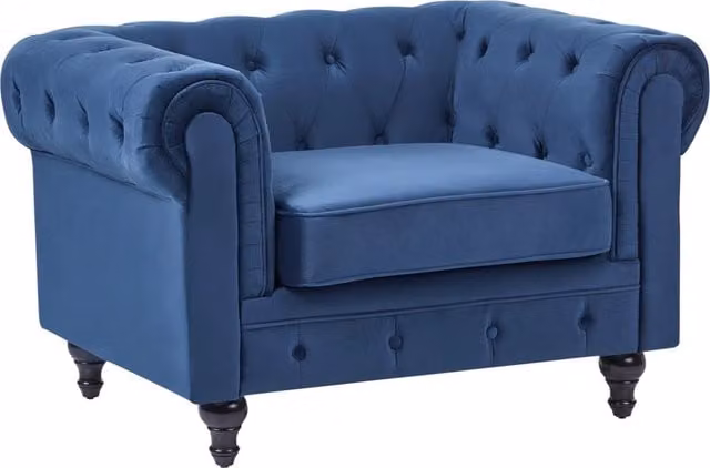 Poltrona Chesterfield Beliani in Velluto Blu con Gambe in Legno di Rovere e Struttura Imbottita