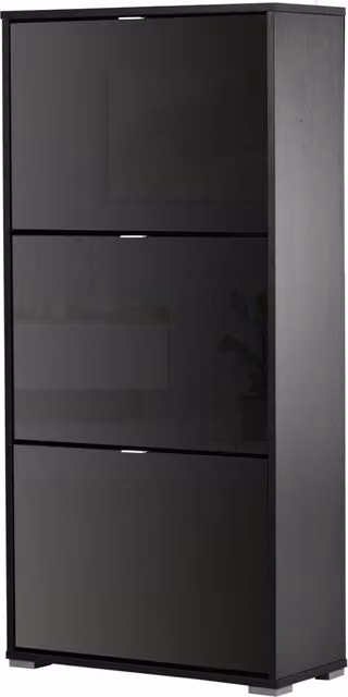Scarpiera moderna con 3 ante e compartimenti a ribalta in legno laccato nero L: 60 cm, P: 26 cm, H: 124 cm