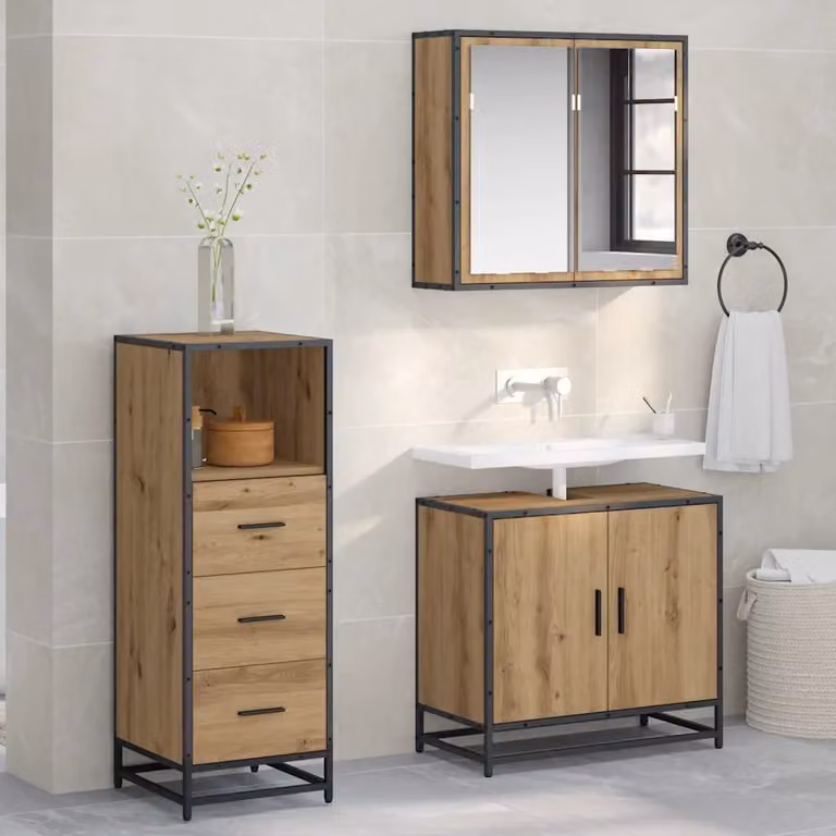 Set di mobili da bagno sospesi vidaXL in legno marrone con ante a cerniera e ripiani interni