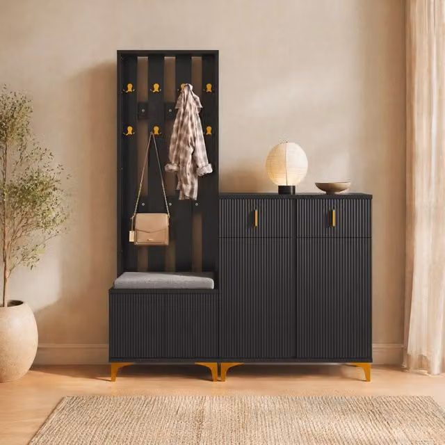Set Armadio da Ingresso REDOM con Scarpiera e Appendiabiti, Nero Opaco, L: 60,5 cm, H: 180,5 cm, P: 35,2 cm
