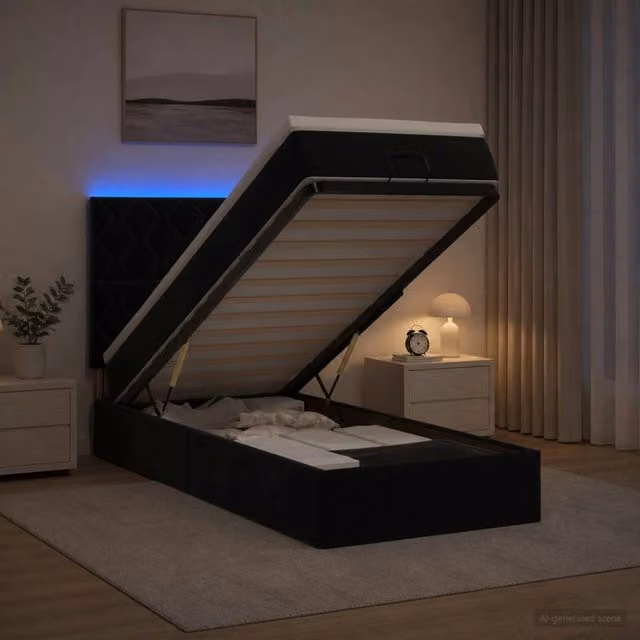 Letto Ottomano con Materasso e Illuminazione LED vidaXL in Velluto Nero, L/P/H: 200 x 90 x 88 cm