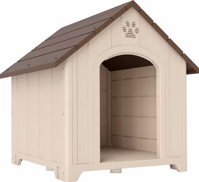 Cuccia per cani rialzata PawHut con tetto inclinato e prese d'aria in plastica, Beige e Marrone Scuro, L: 102 cm, P: 94 cm, H: 103 cm