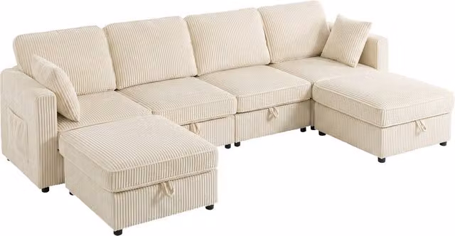 Divano modulare a U HOMCOM a 4 posti con 2 pouf contenitore in velluto a coste, colore beige, L: 306 cm