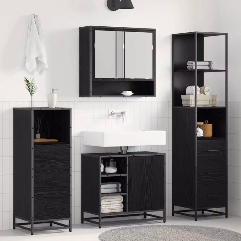 Set di mobili per il bagno vidaXL 3 pezzi in rovere e nero con armadietto a specchio e mobile lavabo, H x L x P: 166 x 33 x 62,67 cm