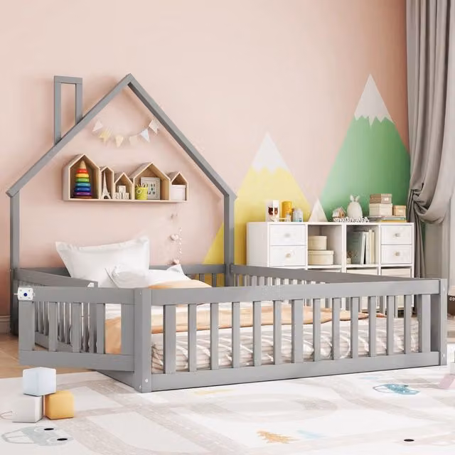 Letto per bambini MIVRAY con struttura a casetta in legno di pino e MDF, colore grigio, L/P/H: 190 x 140 x 150 cm