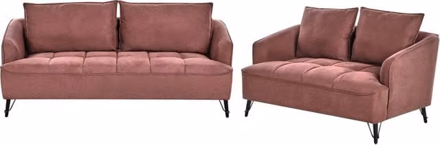 Set di divani Beliani in stile retro con struttura in metallo e imbottitura in tessuto rosso per il tuo soggiorno, composto da un divano a 2 posti e un divano a 3 posti