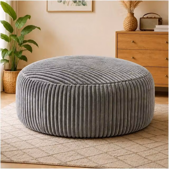 Divano Sdraio Tondo Minimal in Velluto Grigio con Riempimento in Memory Foam Sminuzzato e Rivestimento Rimovibile