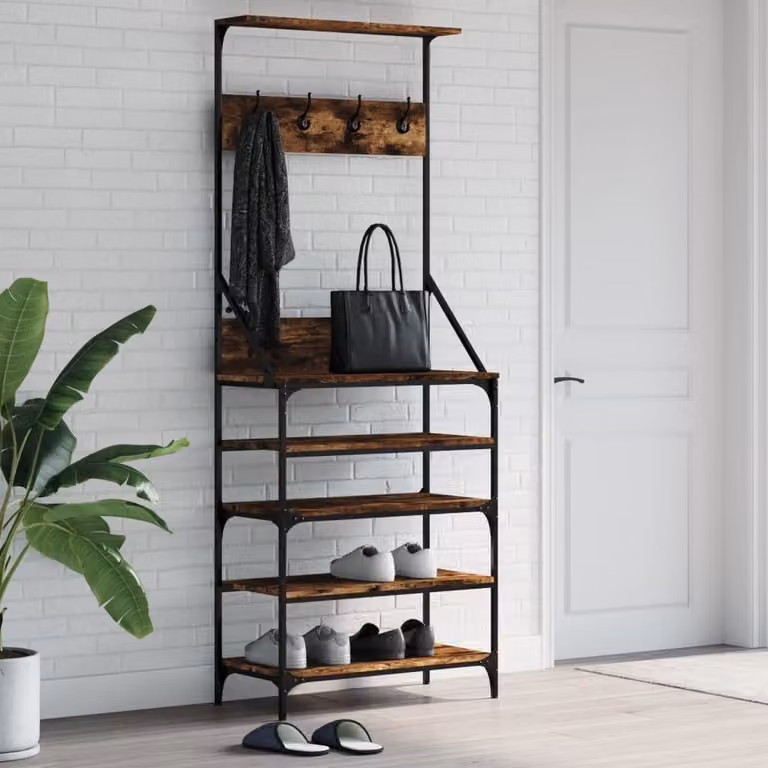 vidaXL Appendiabiti con Porta Scarpe in Rovere Fumo, L 70 cm x P 34 cm x H 184 cm