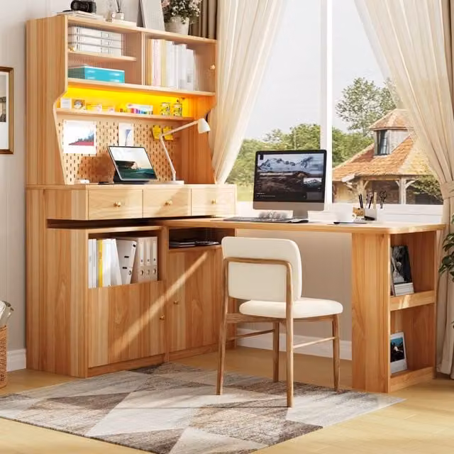 Armadio alto con scrivania REDOM in MDF e vetro, colore beige e marrone, L: 137 cm, P: 74 cm, H: 177,7 cm