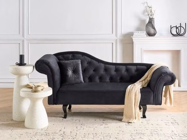 Chaise Lounge BELIANI in velluto nero con cuscino, stile retrò classico, lato sinistro, L/P/H: 192 x 59 x 81 cm