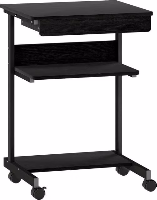 Scrivania PC HOMCOM moderna in legno e metallo con cassetto scorrevole, 2 ripiani e 4 rotelle, Nero, L: 56 cm, P: 51 cm, H: 79 cm