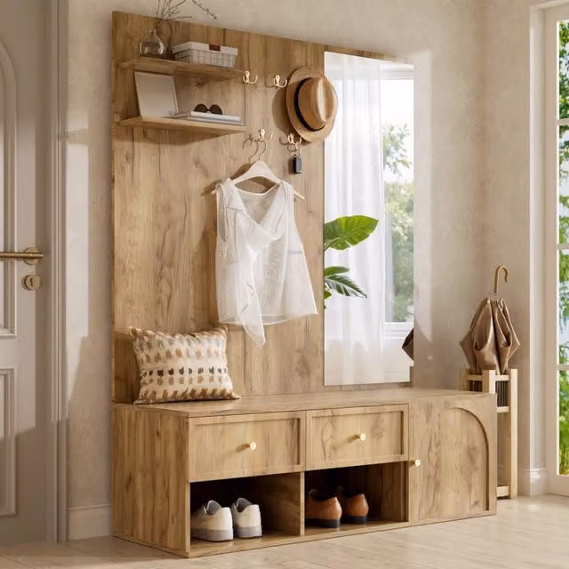 Set di mobili da ingresso MIVRAY moderno effetto legno marrone con specchio intero, 5 ganci, 2 cassetti e vano chiuso, L/P/H: 120 x 35 x 159 cm