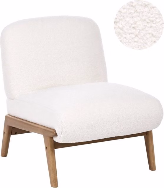Poltrona Lounge Bassa Beliani in Bouclé Bianco Stile Scandinavo con Struttura in Legno di Rubberwood