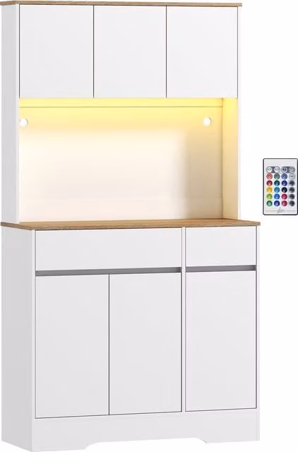 Mobile buffet cucina alto HOMCOM bianco con luce LED RGB, piano di lavoro, 6 ante e 2 cassetti