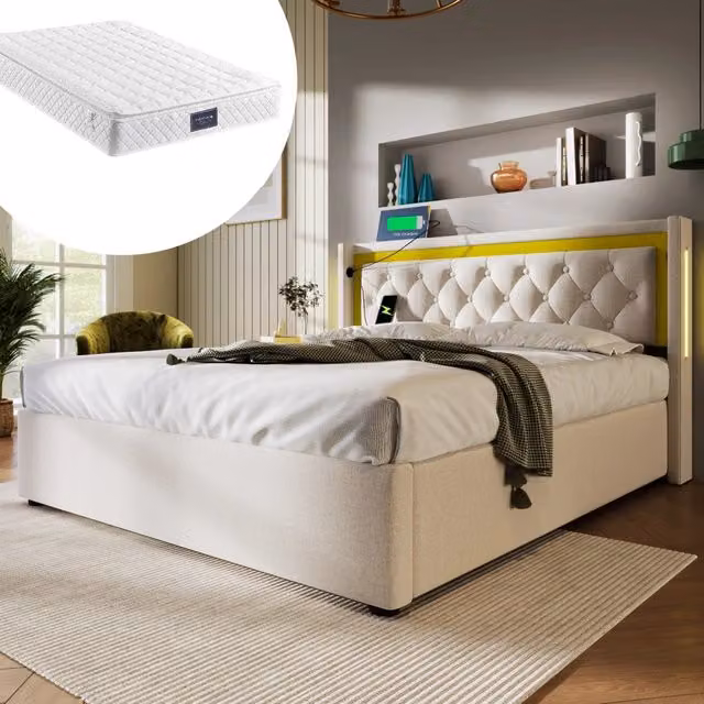 Letto contenitore Mivray con materasso ibrido, testiera imbottita in cotone e lino beige, illuminazione LED e porte USB e Type-C, L/P/H: 140 x 200 x 104 cm