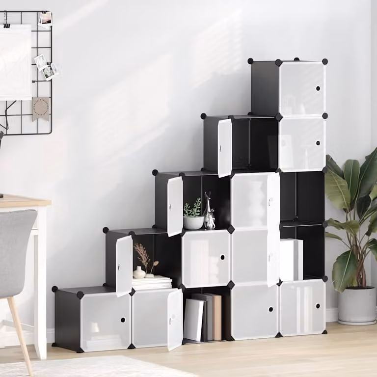 Organizzatore Portaoggetti vidaXL con 15 Cubi e Ante Trasparenti in Plastica e Metallo, Disponibile in Bianco o Nero, L/P/H: 156.0 x 31.5 x 15.5 cm
