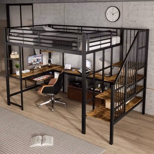 Letto a soppalco WISHDOR in metallo e MDF con scrivania, scala ad angolo e porta di ricarica USB, L/P/H: 200 x 120 x 170 cm, Colore Nero e Marrone