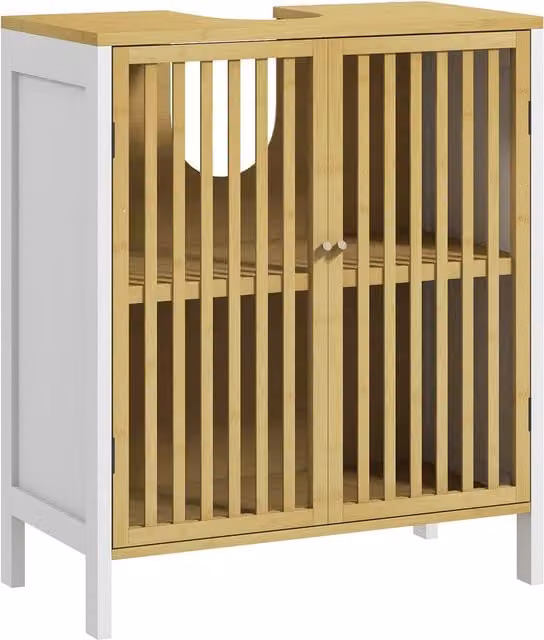 Mobile Sottolavabo per Bagno HOMCOM in Legno di Bambù e MDF con 2 Ante a Doghe e Intaglio a U, Bianco, L/P/H: 60 x 30 x 70 cm