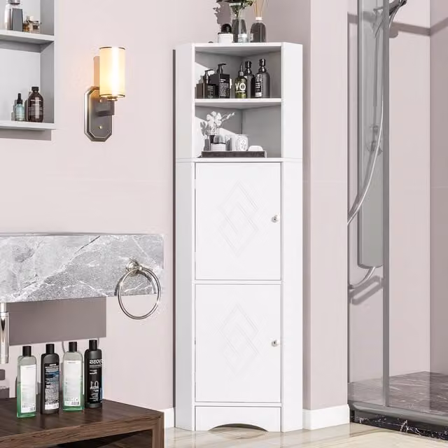 Armadio angolare da bagno Aosom Italy bianco con ripiani regolabili e ante a battente, L/P/H: 36.5 x 36.5 x 155 cm