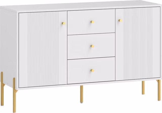 Credenza Moderna HOMCOM Bianco con 3 Cassetti Soft Close e 2 Ripiani Regolabili e Gambe in Metallo Oro
