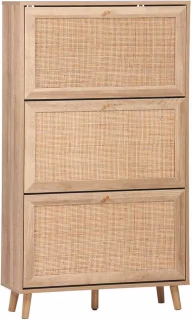 Scarpiera Sweeek in legno e rattan con decoro boho e 3 ante, marrone