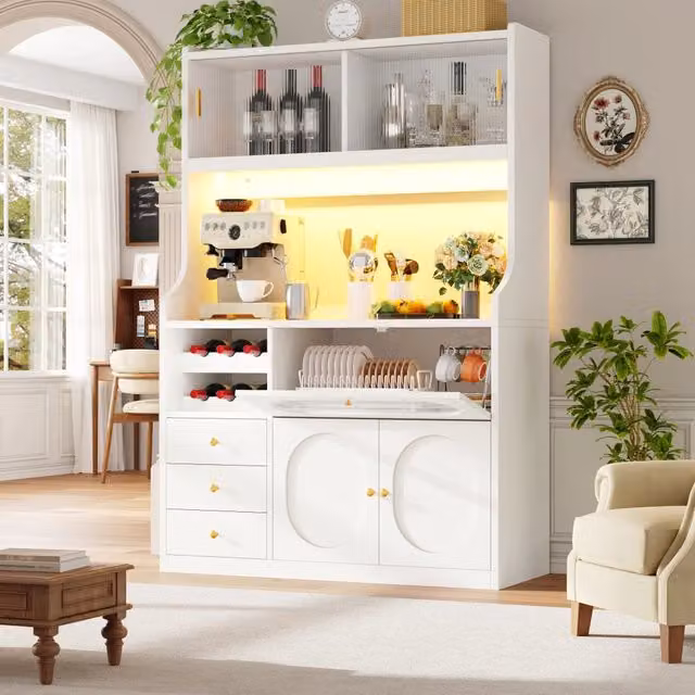 Mobile colonna cucina Mivray bianco con ante scorrevoli in vetro, LED integrato, portabottiglie e 3 cassetti L/P/H: 120 x 40 x 180 cm