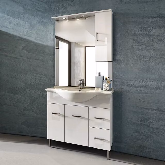 Mobile bagno moderno Venice bianco lucido con base lavabo, pensile e specchio con illuminazione LED L/P/H: 85 x 50 x 190 cm