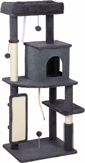 Albero per Gatti Multilivello PawHut con Casetta, Lettino e Tiragraffi in Sisal, Grigio Scuro, Altezza: 132 cm