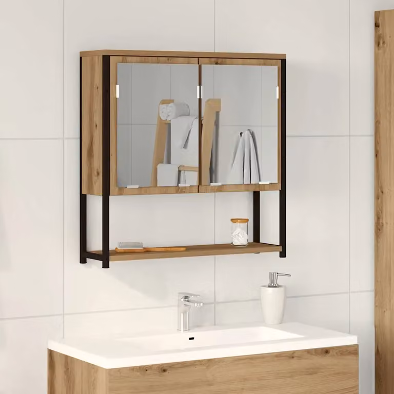 Mobiletto per specchio vidaXL in rovere con ante in vetro e ripiani interni, montaggio a parete, L 60 cm x P 16 cm x H 60 cm