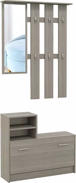 Set Mobili da Ingresso Minimal Grigio con Specchio, Appendiabiti, Panca e Scarpiera