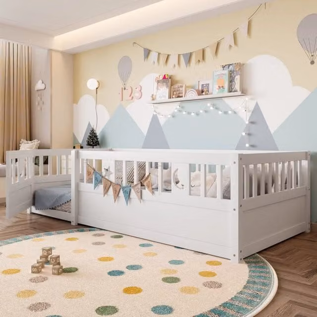 Letto per bambini WISHDOR in legno di pino bianco con sponde di sicurezza, L/P/H: 196 x 90 x 55 cm