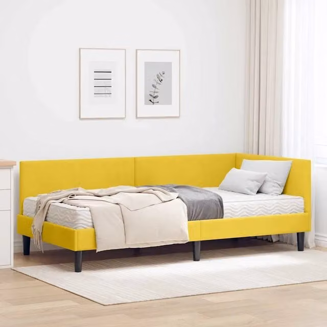 Letto angolare moderno vidaXL con struttura imbottita in velluto giallo e 2 materassi in schiuma, L/P/H: 200 x 100 x 72 cm