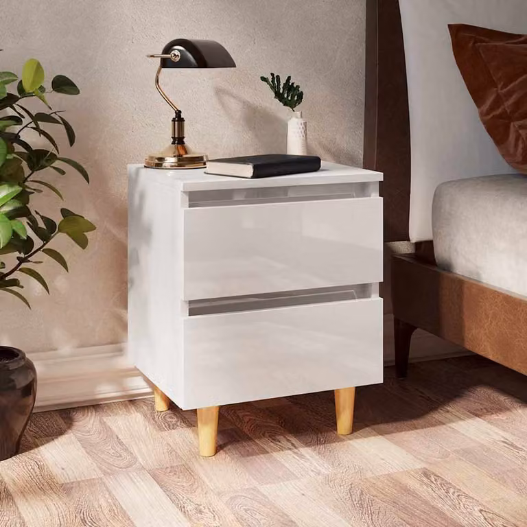 Set di 2 comodini vidaXL bianchi lucidi con gambe in legno di pino, L 40 cm x P 35 cm x H 50 cm