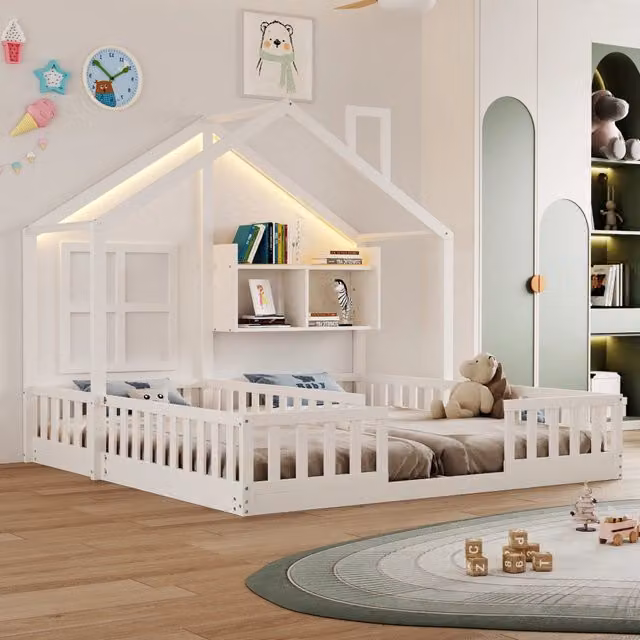 Letto a casetta Mivray per bambini in legno bianco con illuminazione LED, mensole e rete a doghe L/P/H: 204 x 90 x 188 cm