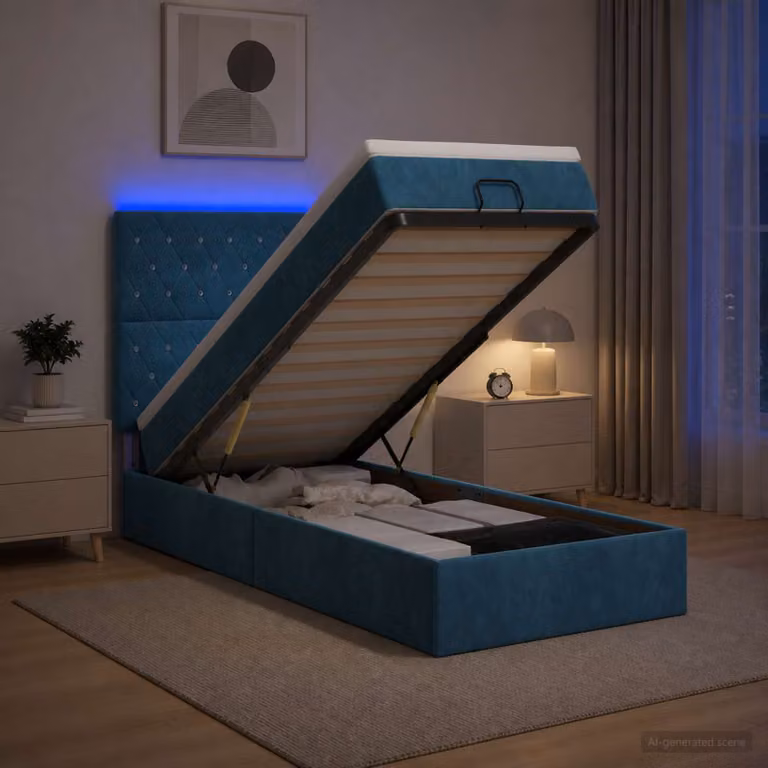 Letto Ottomano vidaXL con Materasso Ibrido e Illuminazione LED Sotto il Letto in Velluto Blu, L 90 x P 200 cm